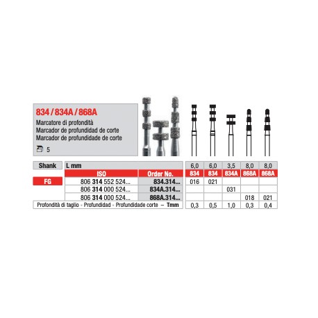 Fresa diamantata di preparazione Marcatore di profonditˆ (5pz) - L 6.0mm - 021