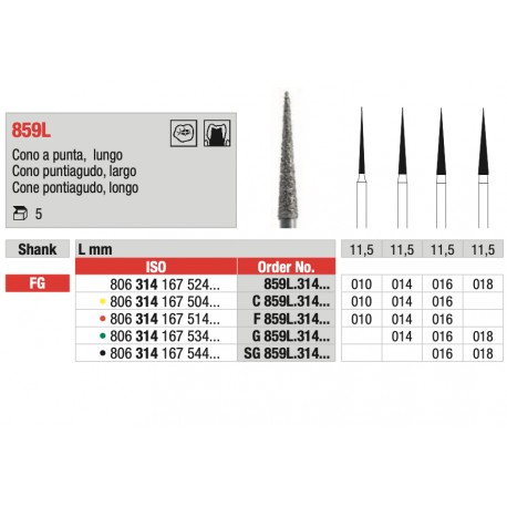 Fresa Diamantata di Preparazione Cono a Punta Lungo FG Giallo 010 L11.5mm (5pz)