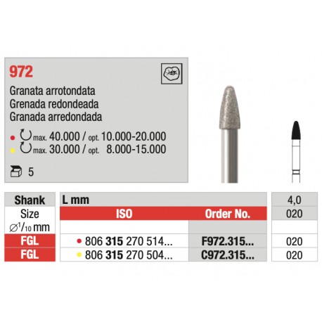 Fresa Diamantata di Preparazione Granata Arrotondata FGL Rosso 020 L4.0mm (5pz)